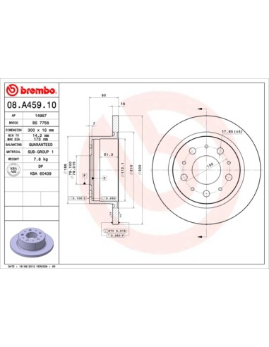 DISCO DE FRENO FIAT DUCATO 06 TRASERO IZQ./DCHA. LLENO 20Q 300x16x79x80